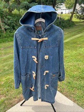 Vintage Ralph Lauren Jeans Co Blue Denim Hooded Toggle Jacket Trench Coat Size L
